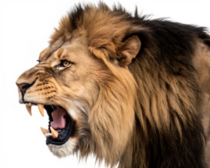Fierce lion roaring side profile isolated on a transparent background