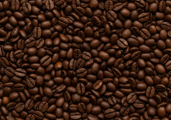 Fototapeta premium Dark roasted coffee bean pattern. Full frame macro shot of fresh, whole coffee beans, creating a rich brown food texture for a cafe or beverage theme.