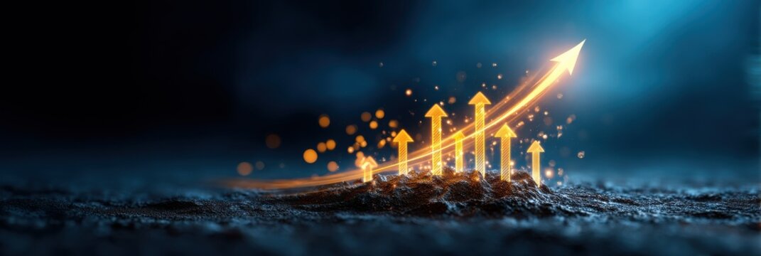 A digital representation of upward movement indicated by glowing arrows and particles, symbolizing growth and progress in a dark environment.
