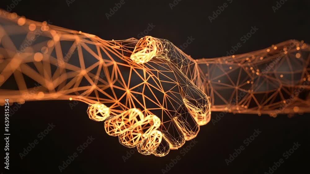 Poster digital handshake symbol of partnership and collaboration in technology, showcasing abstract network