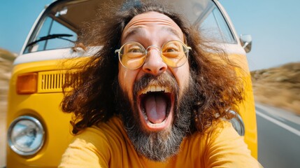 Joyful young man expressing excitement while traveling in a colorful van on a sunny day