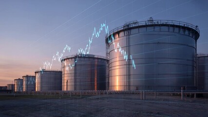 Large industrial oil storage tanks at refinery facility with financial stock market graph overlay during sunset in energy sector concept

 - Powered by Adobe