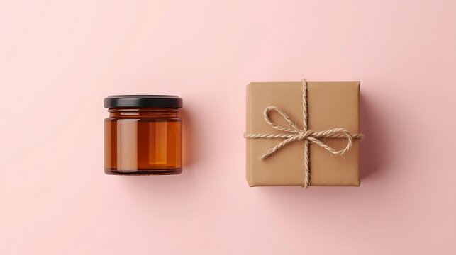 Overhead shot of a small brown gift box tied with string and a jar of honey on pink backdrop