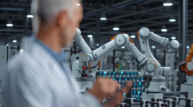 Robotics and Human Oversight: A scientist, deep in thought, oversees the seamless operation of advanced robotic arms in a cutting-edge production facility.