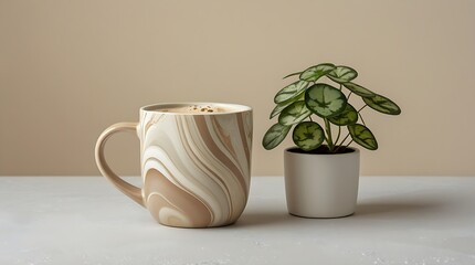 A marble mug filled with coffee sits next to a small potted plant on a beige surface in a simple home decor scene