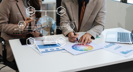 Business team new professional investor starts project meet with financial manager, designing a computer, tablet, digital at office in the morning.