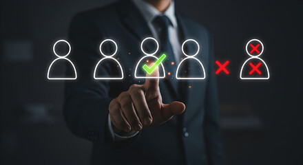 Manager choosing a candidate for a job. A human resources professional uses a virtual interface to select the best applicant from a pool of candidates, symbolizing recruitment, hiring, and talent acqu