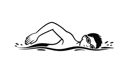A minimalist black and white line drawing of a swimmer in a freestyle swimming position 