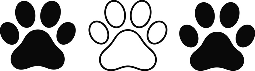 Black and outline animal paw prints, dog and cat foot icons, pet track vector symbols, simple silhouette design collection.