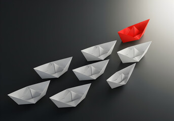 Red boat as a leader in a fleet of paper ships. A unique red origami boat pioneers a path for a team of white followers, illustrating a concept of business management, vision, and winning strategy.