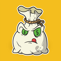Vector Illustration of Greedy Money Bag Cartoon Sticker