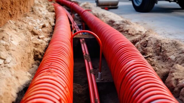 Red corrugated pipes installed in a trench for underground utility work with surrounding soil and construction environment