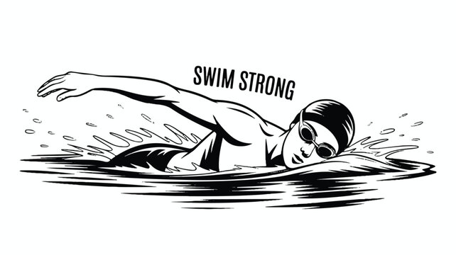 A minimalist black and white line drawing of a swimmer in a freestyle swimming position 