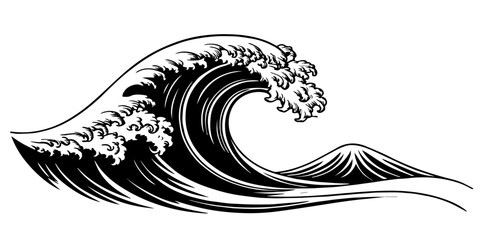  "Bold black and white illustration of a powerful ocean wave curling with dynamic lines and flowing movement, evoking strength and elegance."  © NuR