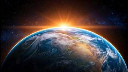 Obraz premium “Sunrise Over Earth from Space – Global Connectivity and Cosmic Beauty with City Lights”