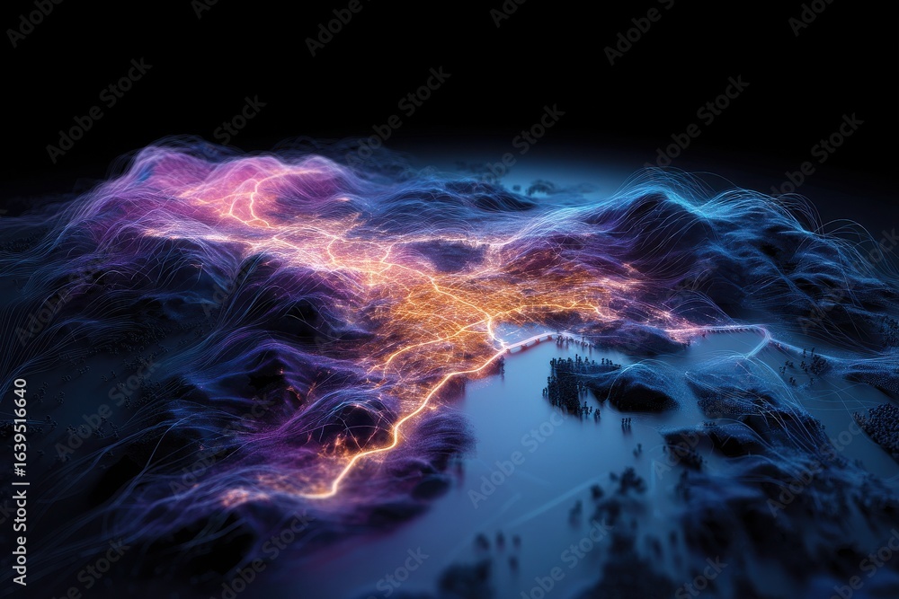 Poster a vibrant, abstract representation of a landscape illuminated by luminous pathways, resembling a dig