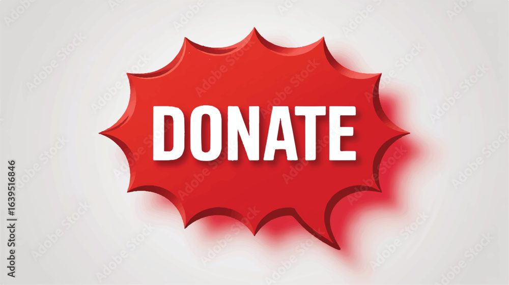 Poster a minimalist design of a red speech bubble with white text donate on a white background.