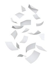 White papers floating in the air against a dark background, concept of paperwork, data, and freedom