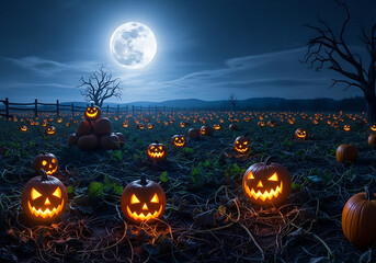A field of illuminated jack o lanterns under a full moon on a dark halloween night scene