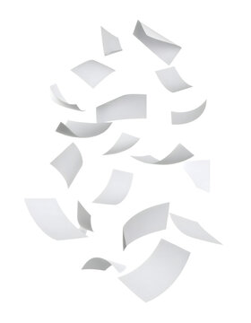 White papers floating in the air against a dark background, concept of paperwork, data, and freedom