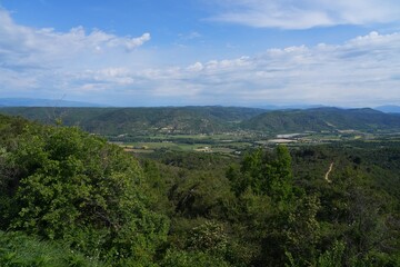 Fototapeta premium Landscape view of Valensole, a plateau in the Alpes-de-Haute-Provence department of Provence Alpes Cote d'Azur, France, renowned for its lavender fields