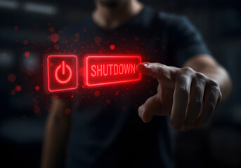 Hand activating a power off command on a virtual screen. A man's finger hovers over a red, illuminated shutdown button, symbolizing a final decision, economic crisis, or deactivating a system.