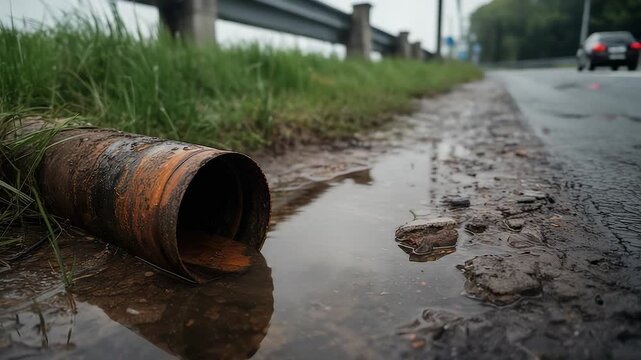 Rusty metal pipe discharging water into muddy roadside puddle with wet soil grass and blurred car on overcast day

