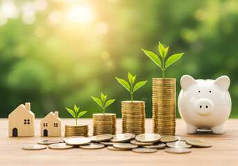 A conceptual image showing the growth of money as a plant on an ascending stack of coins on a wooden desk.