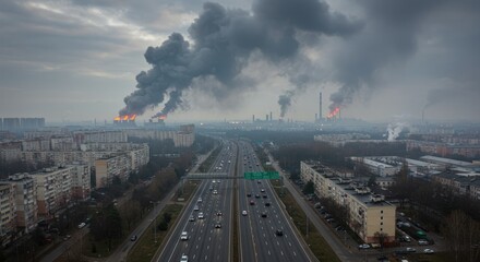 Dense Black Smoke Rising Above Highway and Cityscape on Overcast Day