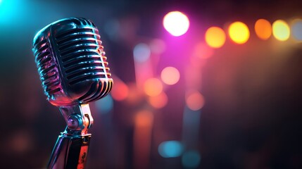 Retro microphone on stage with colorful bokeh lights. Music concert atmosphere for live performance, karaoke, stand up show.