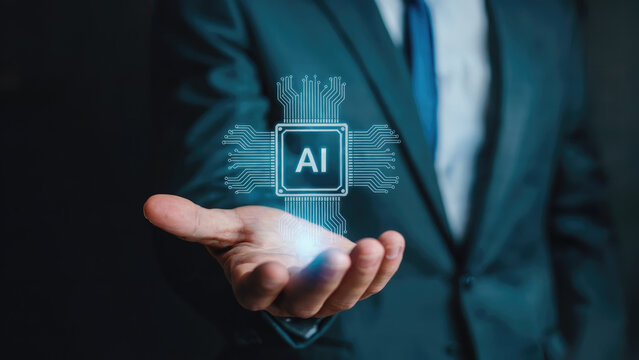 Professional in suit presenting futuristic AI technology concept with glowing circuit board - Powered by Adobe