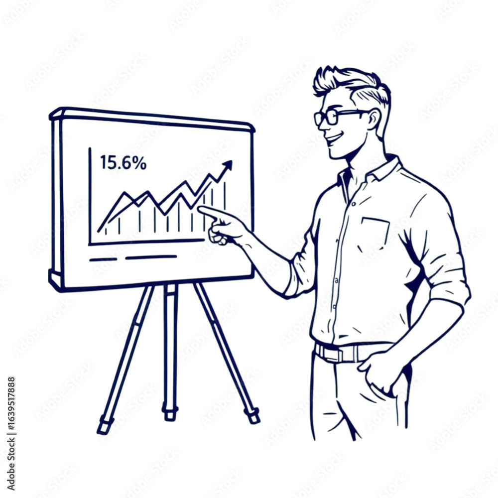 Poster a smiling man in glasses points to a line graph on a presentation board, indicating business growth 