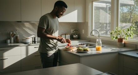 Smiling Man Cutting Fresh Strawberries in Bright Modern Kitchen