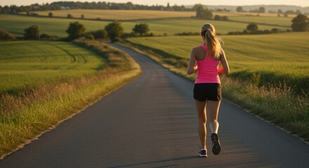 Female Running on Asphalt Road Through Rural Countryside at Sunset