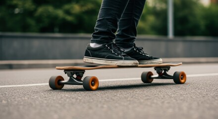 Person Riding Wooden Skateboard with Black Shoes on Asphalt Road