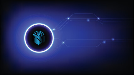Digital fingerprint icon glowing in circular design, set against dark blue background with abstract lines and lights, symbolizing security and technology