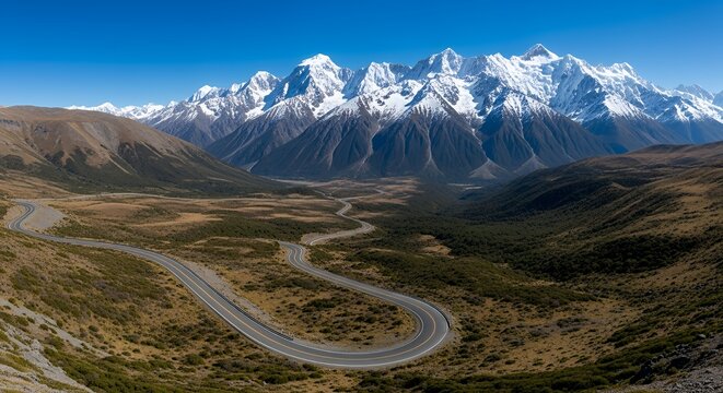 Scenic Mountain Range with Snow-capped Peaks and Winding Road in Green Valley - Powered by Adobe
