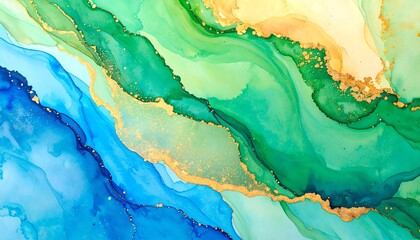 Exquisite abstract watercolor and ink fluid background, featuring flowing lines of vibrant blue and green with elegant gold glitter accents, luxurious marble texture