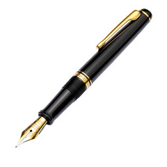 A sleek black fountain pen with a golden nib, perfect for elegant writing. Isolated on transparent white background, png	
