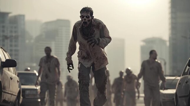 Zombie apocalypse scene with walking undead in ruined city street  wearing torn clothes with blood stains, representing horror, survival and post apocalyptic thriller video game atmosphere concept
