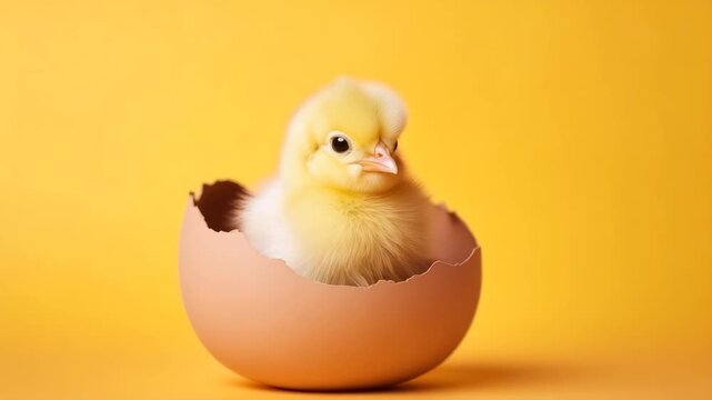 A cute chick hatching from an eggshell on a bright yellow background