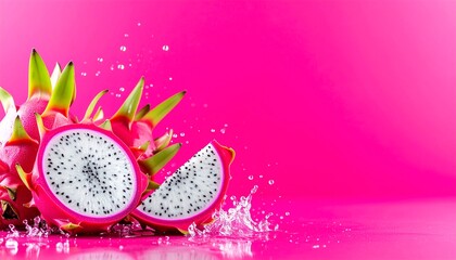 Fresh dragon fruit with water splash on vibrant pink background