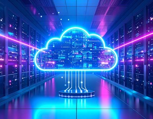 Cloud computing technology concept with digital data and network symbols arranged on a fractal backdrop