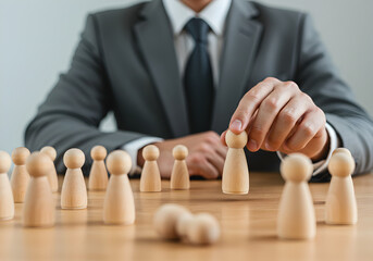 Concept of downsizing or firing an employee, with a businessman choosing one figure while another lies fallen.