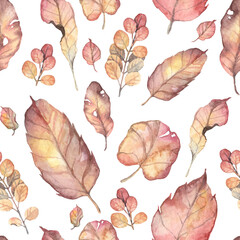 Square seamless pattern with realistic autumn herbarium leaves - detailed watercolor botanical wallpapers and wrapping paper design. Hand painted various leaves and twigs, withered golden colored