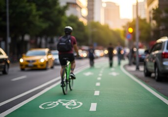 Rear view of a commuter cycling on a dedicated green bike lane in an urban environment at sunset, highlighting eco-friendly travel and a healthy life.