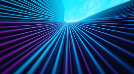 Vibrant blue and purple light beams creating a futuristic, tunnel-like perspective.