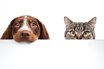 Cute cat and dog peeking over white background. Adorable pets with curious expressions, perfect for pet lovers and animal themes.