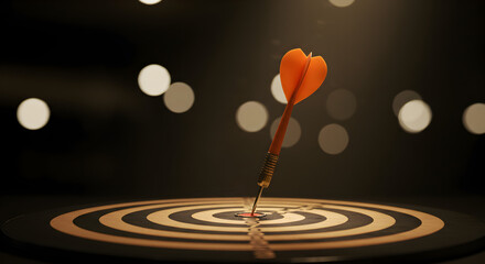 An orange dart in mid-air, about to hit the bullseye of a target. Concept of aiming for a goal, business objective, marketing strategy, and achieving success with focus and ambition.
