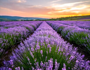 Fototapeta premium A vast field of lavender flowers stretches towards a vibrant sunset, showcasing rows.